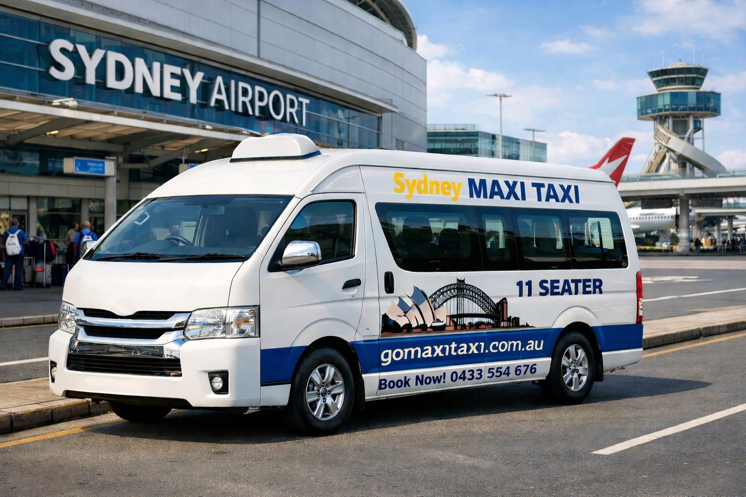 White GoMaxiTaxi 11-seater maxi taxi parked outside Sydney Airport